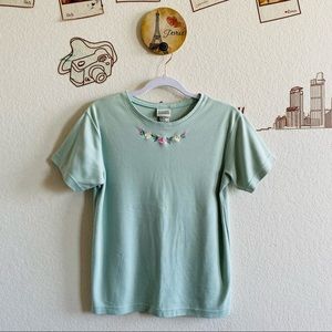 Classic Elements Green Floral Embroidered Detail Short Sleeve Top Size Small